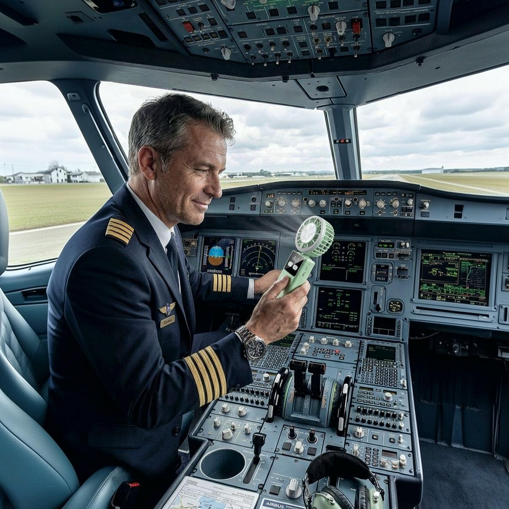 Airline captain using TurboBreeze handheld cooling fan in an A320 cockpit